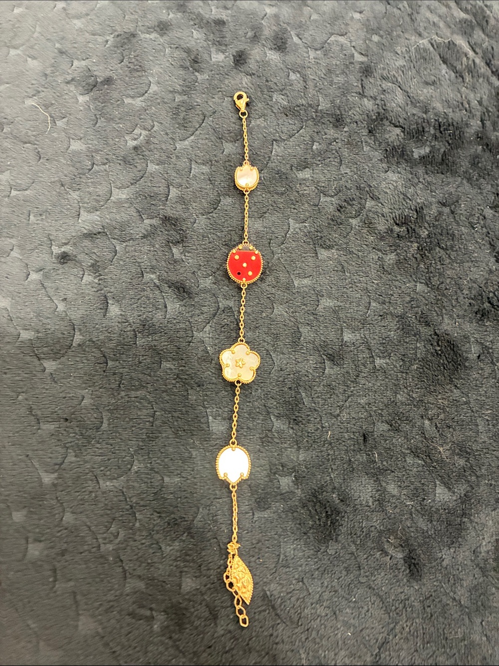 Gold Tone Bracelet with Red and White Enamel Floral Accents